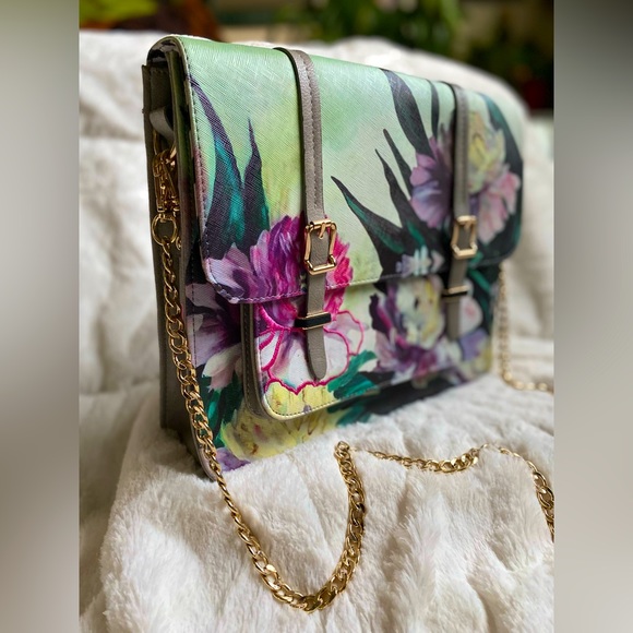 Gray/green Framed Botanical House of Disaster Messenger Purse with Gold Chain - Picture 1 of 13
